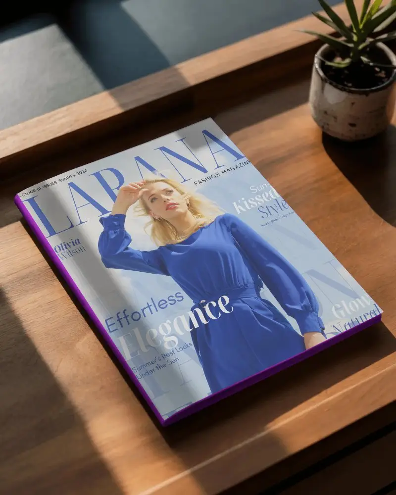 High Quality Hardcover Magazine Mockup On Wooden Tray With Natural Lighting Shadows