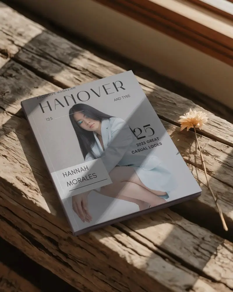 Elegant Minimalistic Magazine Mockup On Natural Wood Surface With Soft Sunlight Shadow