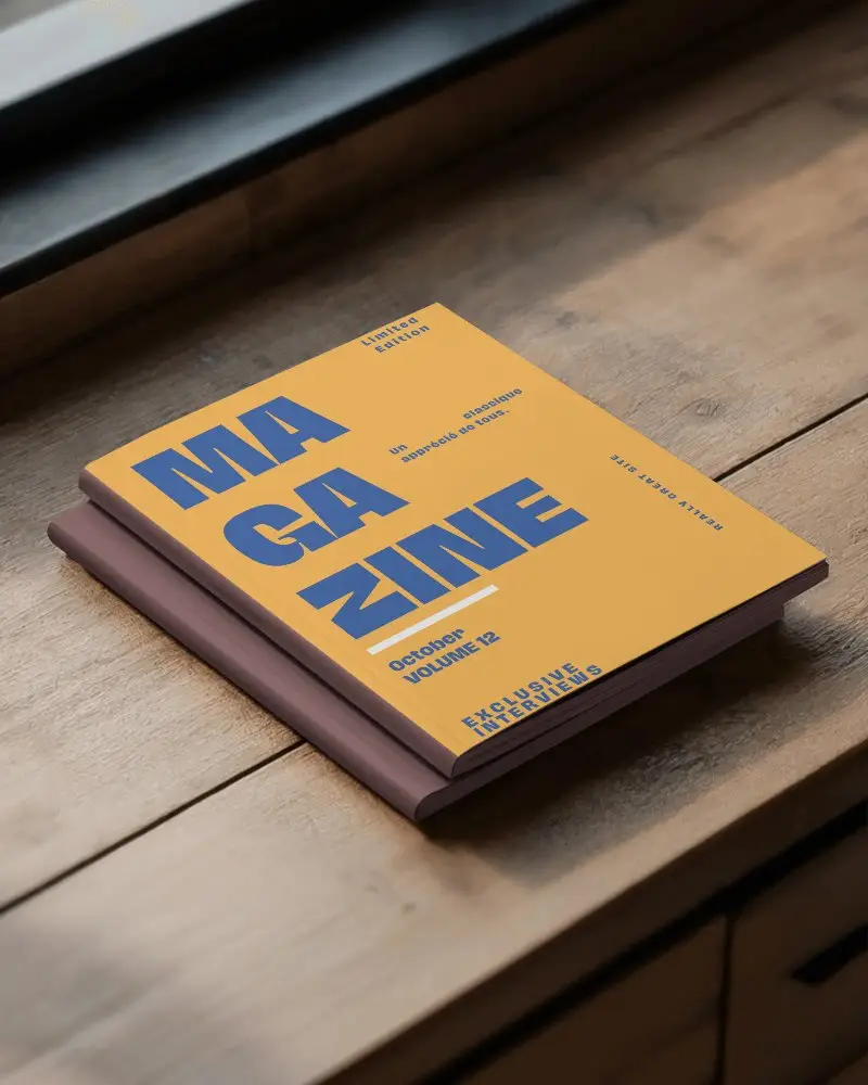 Square Magazine Mockup With Hardcover On Wooden Surface For Design Presentation