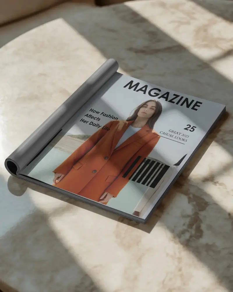 Modern Rolled Magazine Mockup On Textured Marble Table With Realistic Shadow Effects