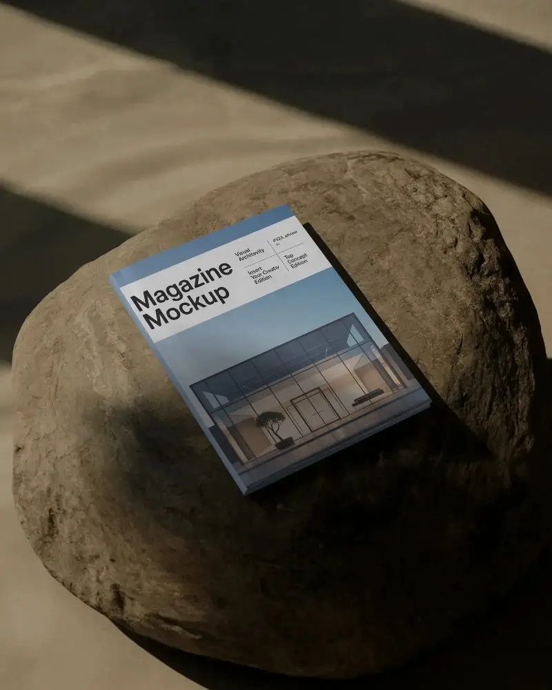 Hardcover Magazine Mockup On Natural Stone In Shadowed Environment For Design
