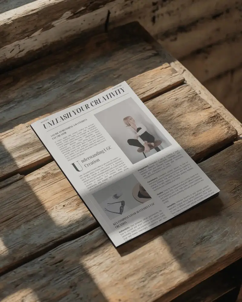 Sleek Minimalist Magazine Mockup On Rustic Wooden Surface With Natural Light Shadows