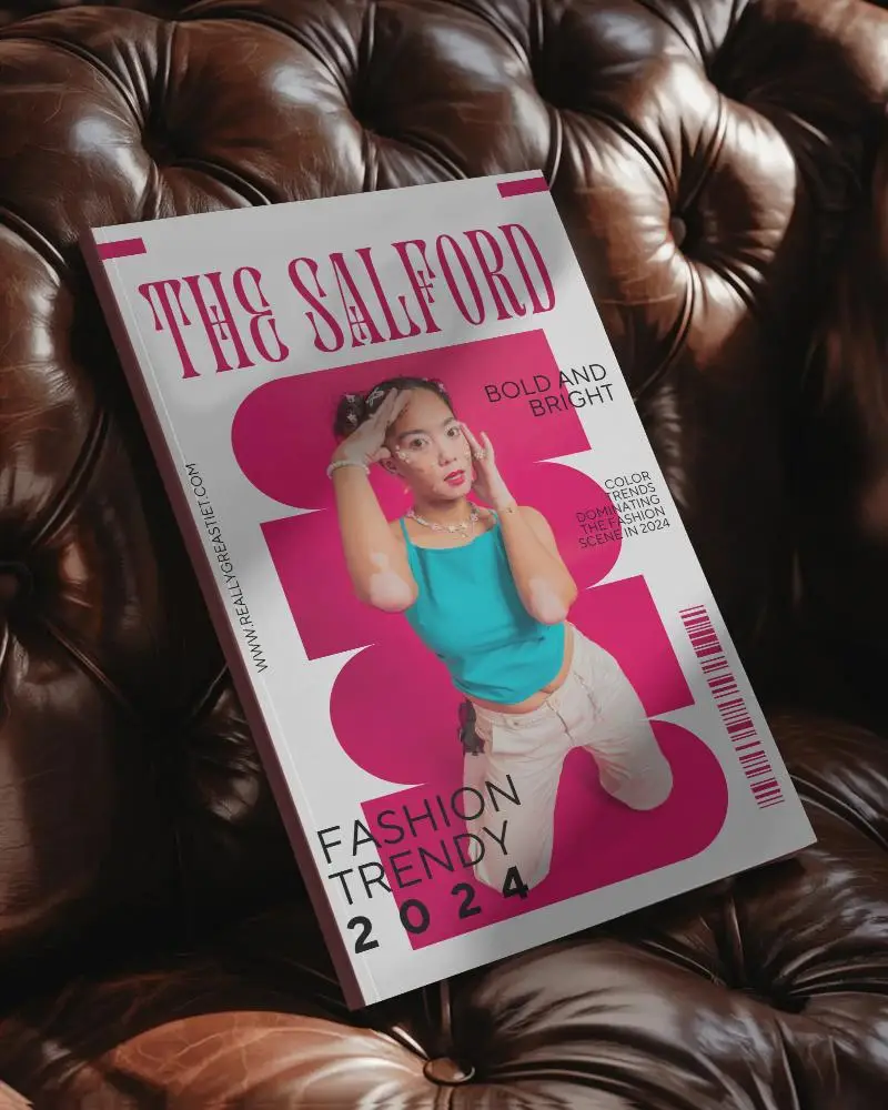 Sleek Modern Magazine Mockup On Luxury Leather Couch For Professional Design Presentation