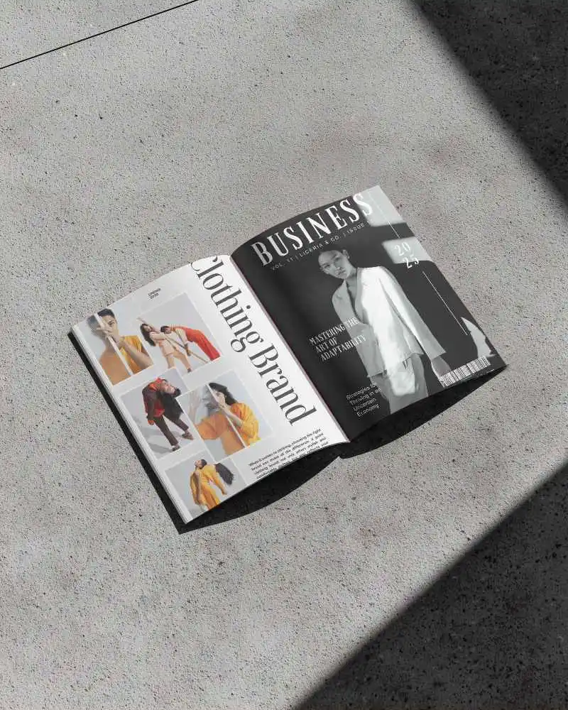 Open Magazine Mockup With Clean Pages On Grainy Floor Background For Showcase