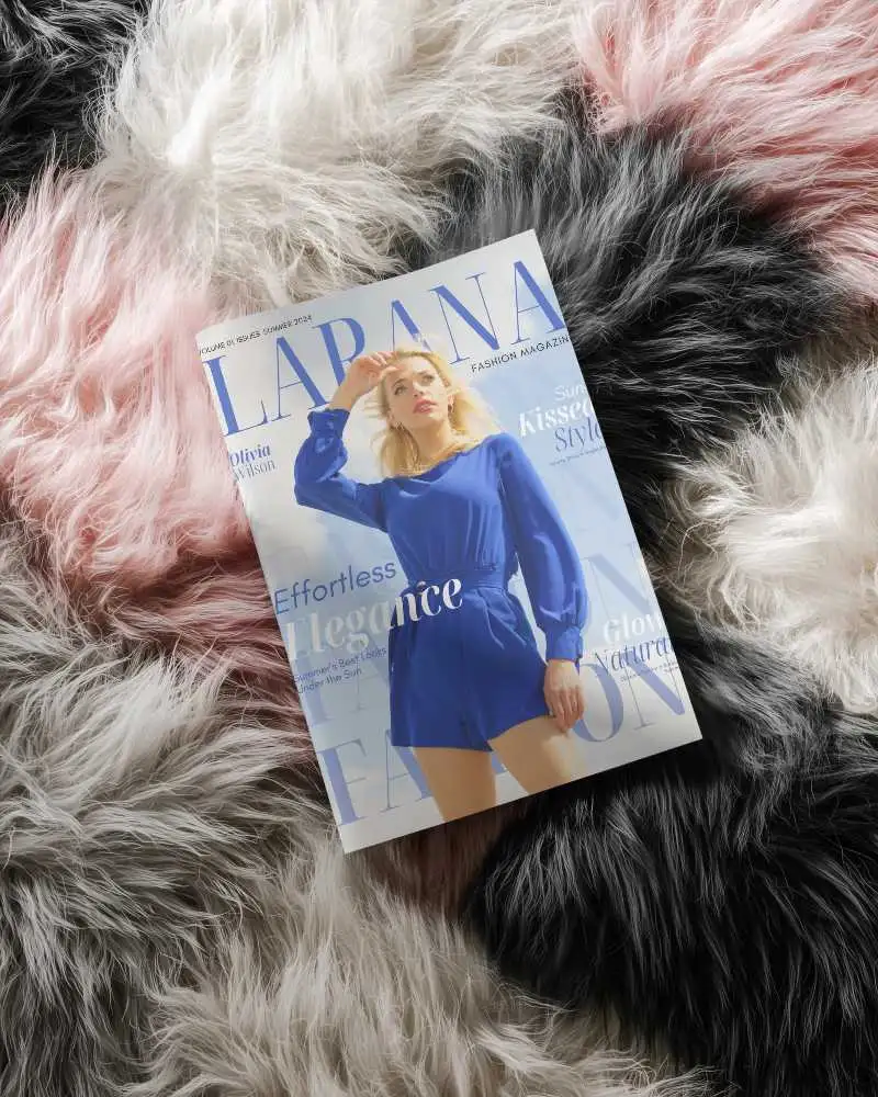 Modern Minimalist Magazine Mockup On Soft Furry Background Angled View For Design Showcase