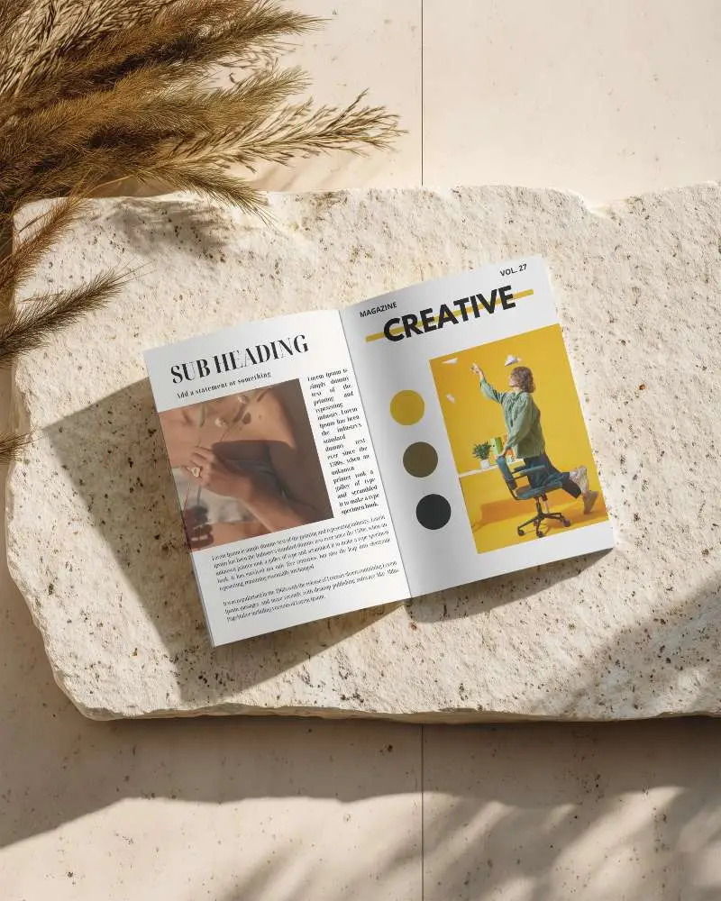 Blank Magazine Mockup On Textured Rock Background With Dried Grass Decoration