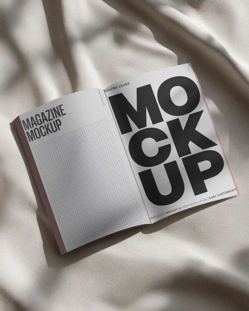 Sleek Magazine Mockup With Opened Spread Laying On Textured Fabric Background For Design