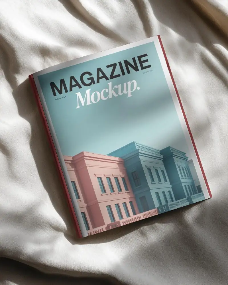 Top View Blank Magazine Mockup On Textured Fabric Background For Design Presentations