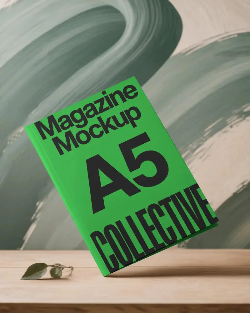 Realistic Magazine Mockup Floating Over Wooden Desk With Minimalistic Wall Painted Design