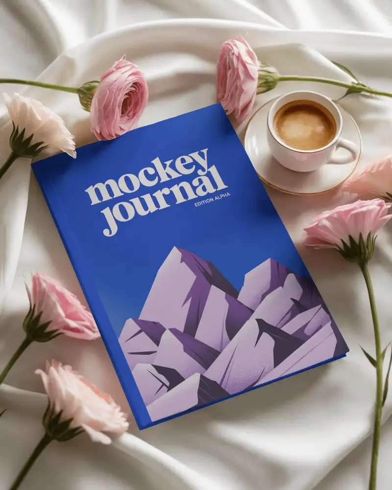 Elegant Minimalist Magazine Mockup With Soft Floral Arrangement And Cozy Cup Of Coffee