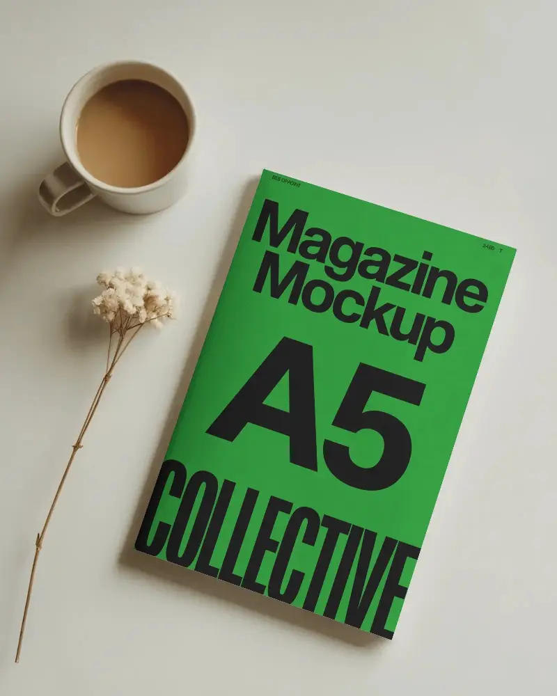 Minimalist Magazine Mockup With Coffee And Dried Flower For Modern Design Presentation