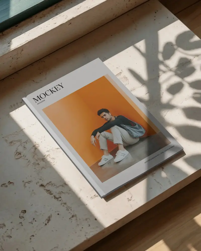 Sleek Minimalist Magazine Mockup Flat Lay Natural Light Shadow Modern Design Prototype