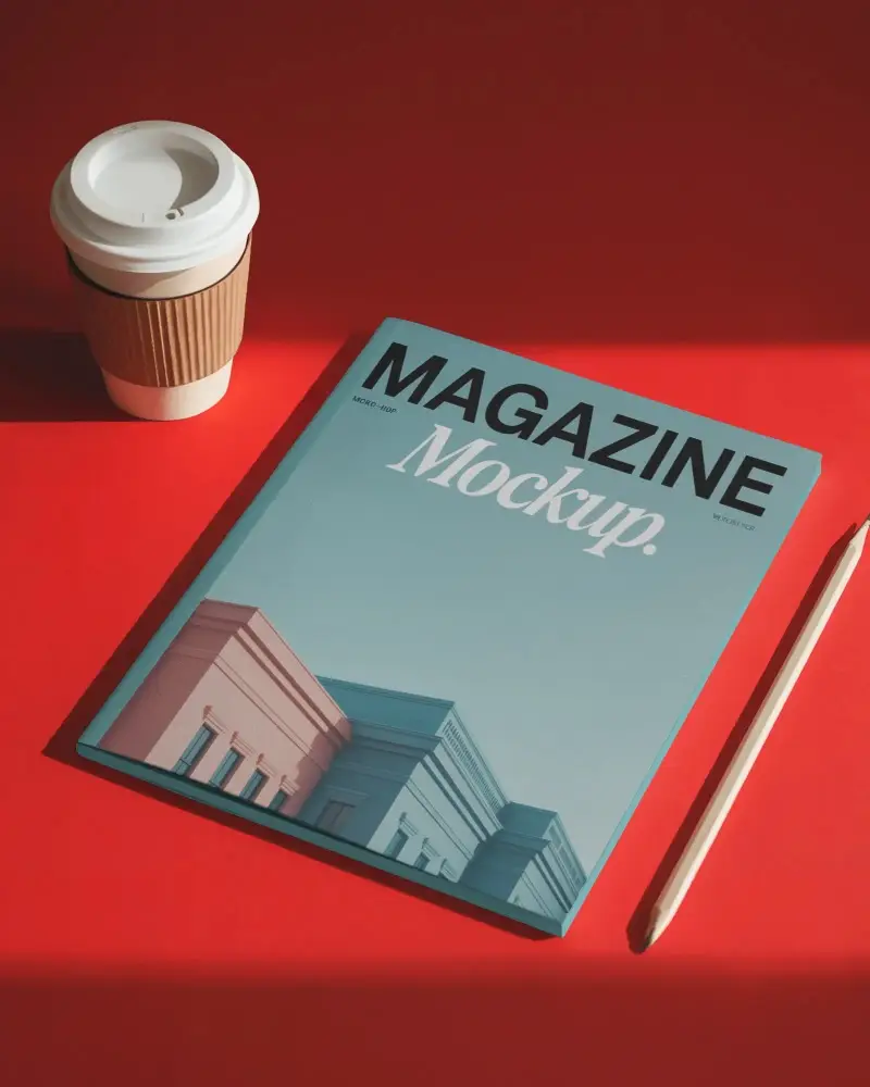 Premium Magazine Mockup With Coffee Cup And Pencil On Vibrant Background