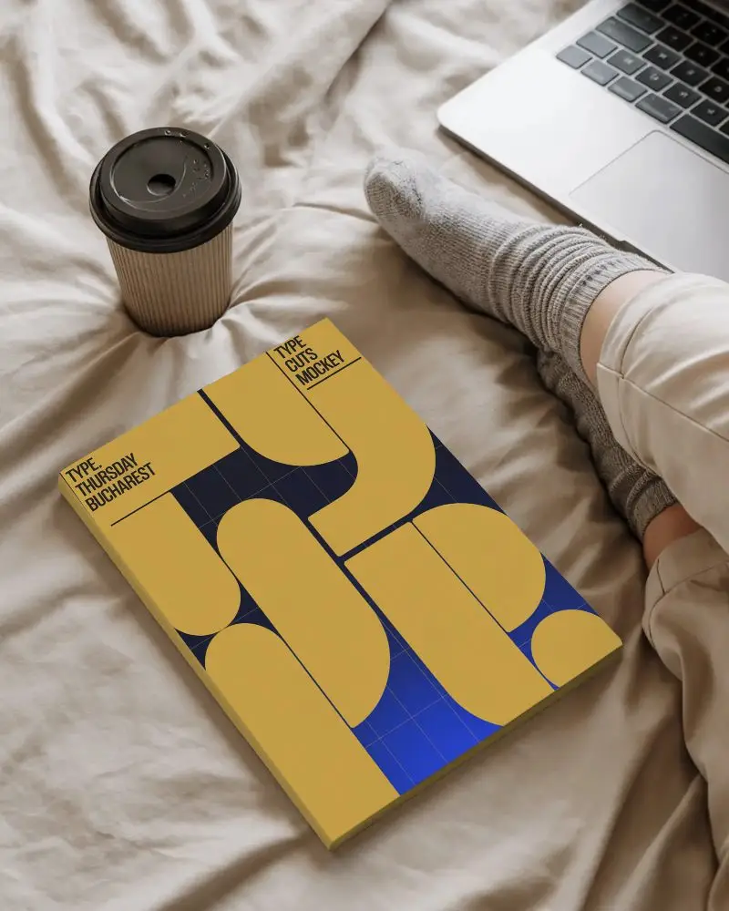 Cozy Home Office Setup With Magazine Mockup On Bed And Laptop For Design Display