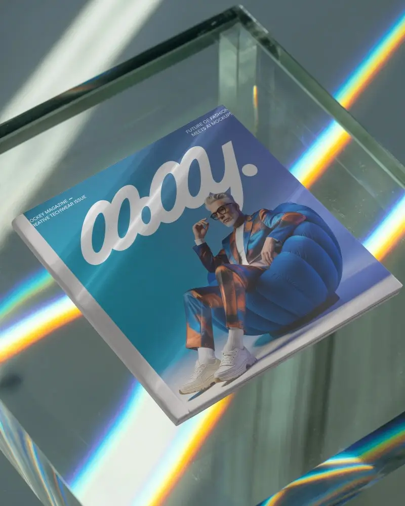 Premium Square Magazine Mockup On Transparent Prism With Light Reflection And Rainbow