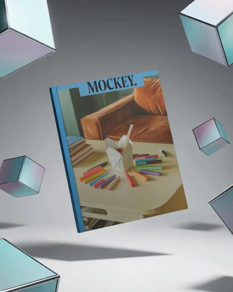 Sleek Floating Hardcover Magazine Mockup With Geometric Cubes For Modern Design Presentations