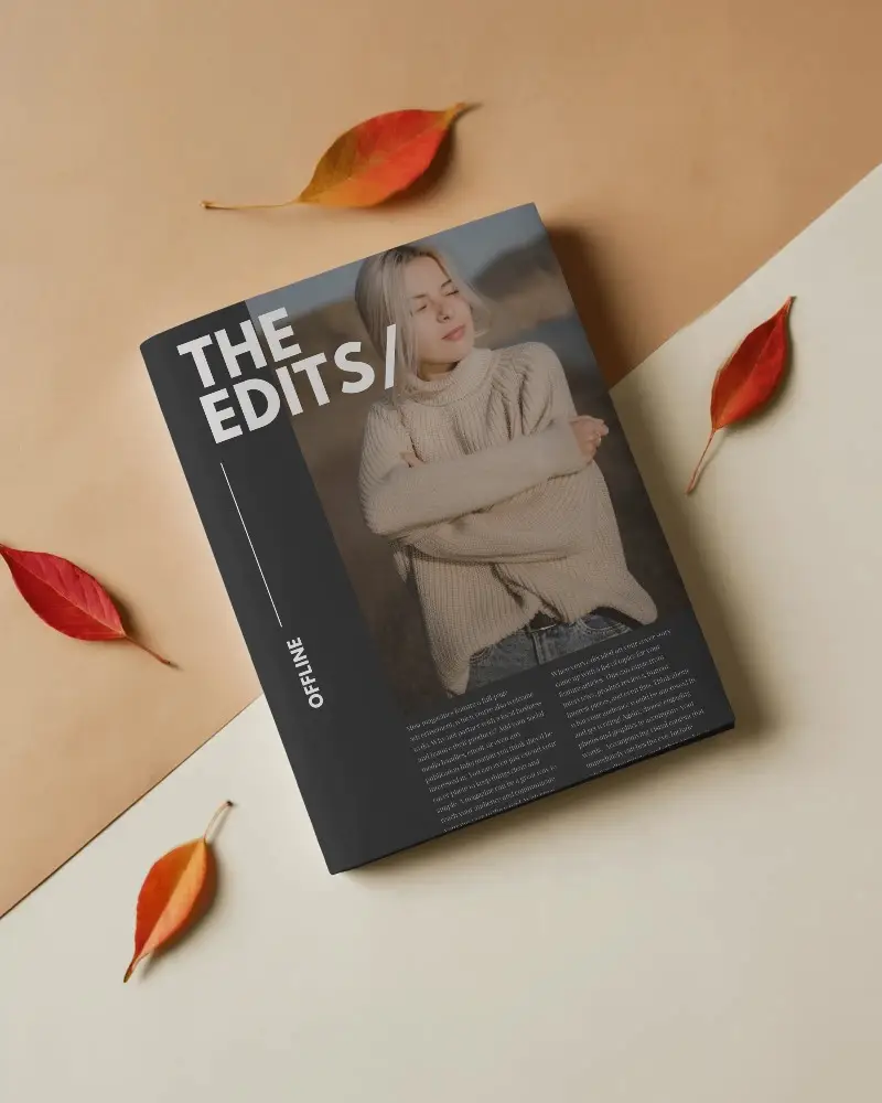 Elegant Minimalistic Magazine Mockup On Neutral Background With Fall Leaves Arrangement