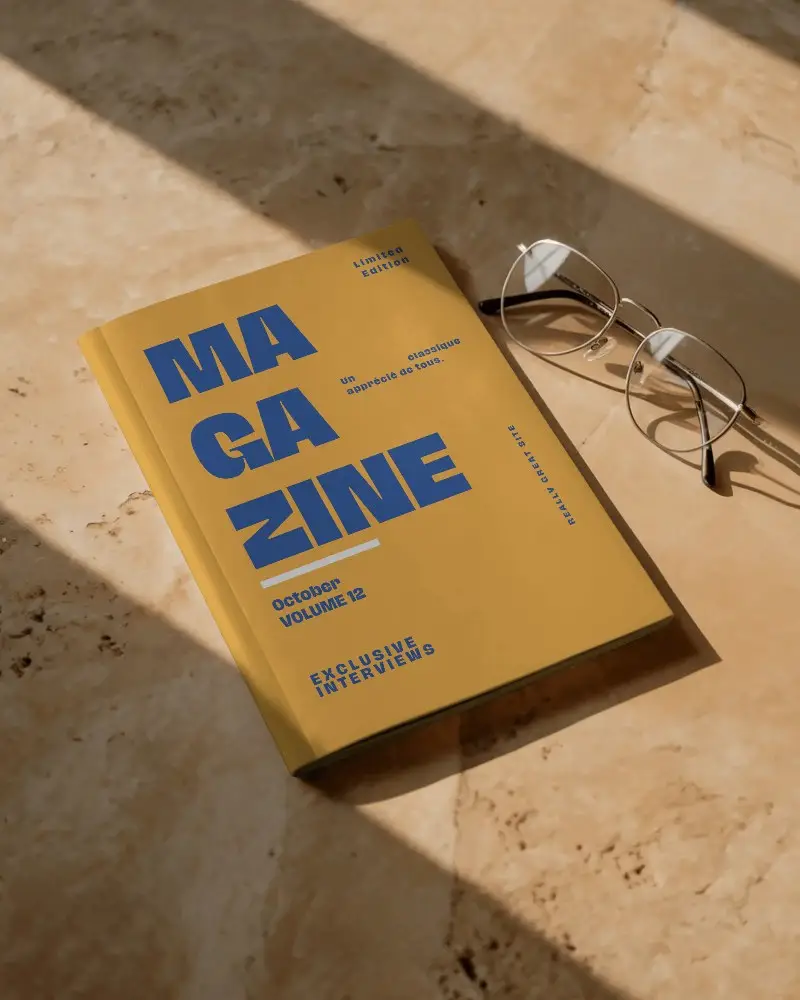 Hardcover Magazine Mockup With Eyewear On Marble Surface In Natural Light Setting
