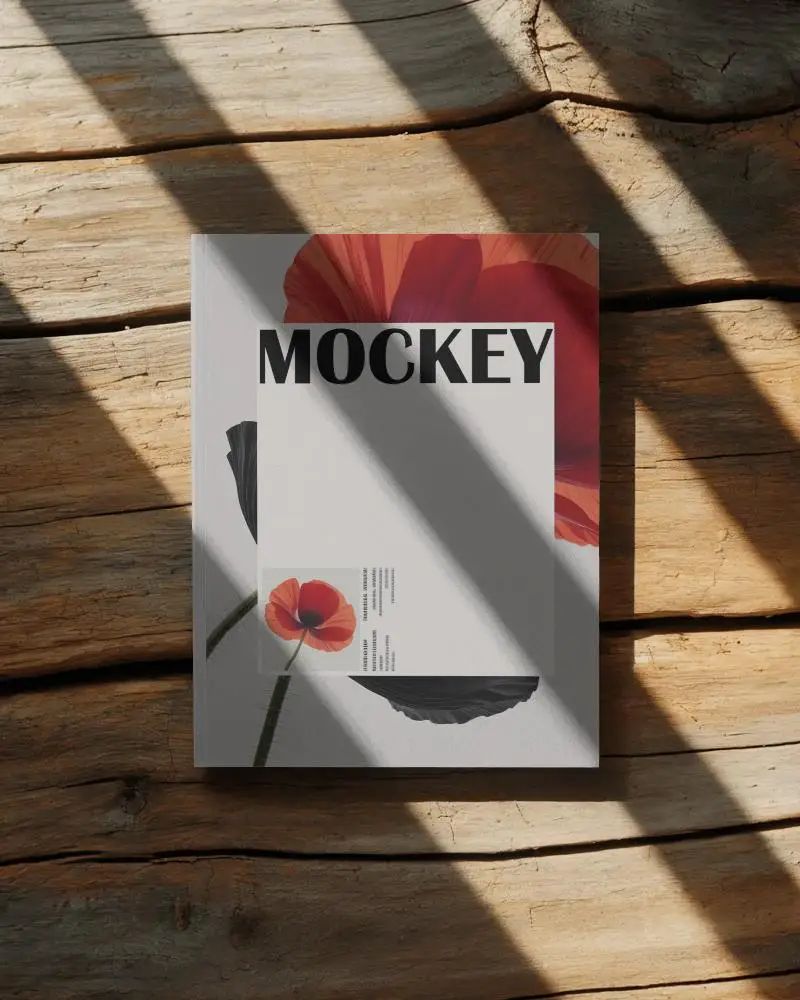Minimalistic Hardcover Magazine Mockup On Natural Wooden Table With Shadow Lines