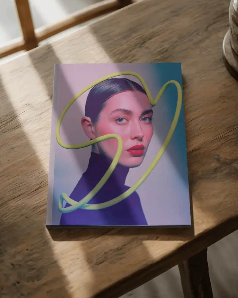 Hardcover Magazine Mockup On Rustic Wooden Surface With Natural Light Shadows