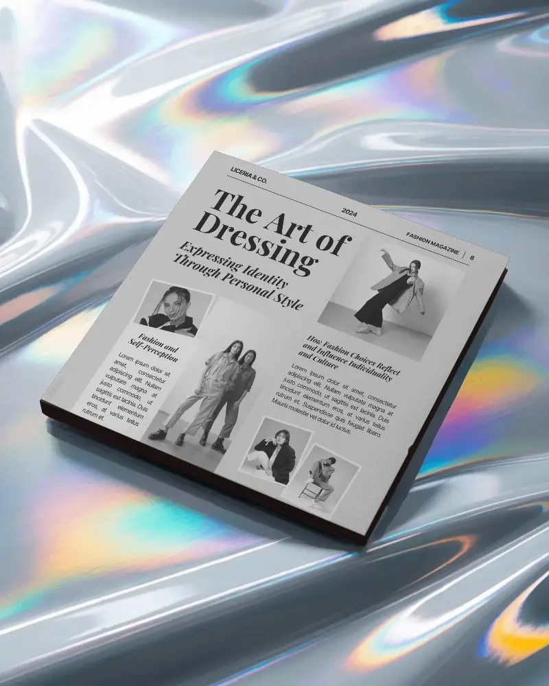 Hardcover Magazine Mockup Square Layout On Reflective Surface For Showcasing Designs