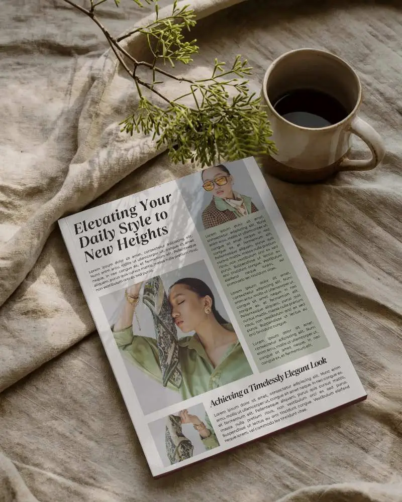 Flat Lay Magazine Mockup With Organic Textile Background And Simple Plant Decoration