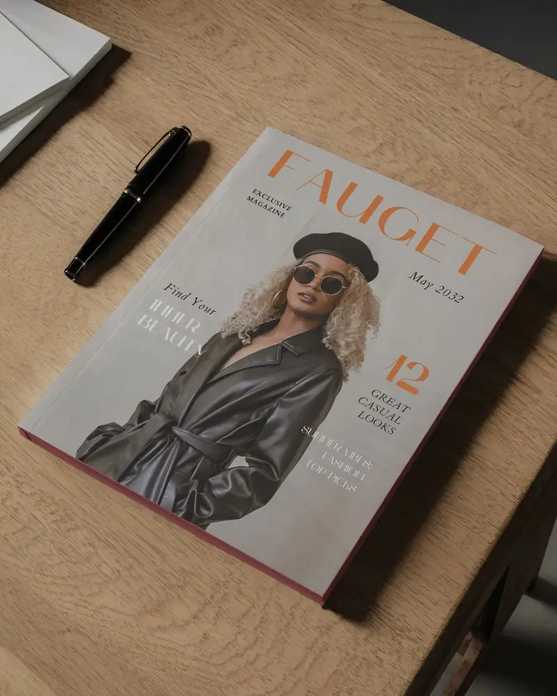 Premium Hardcover Magazine Mockup On Wooden Desk With Pen Stationery Accessories