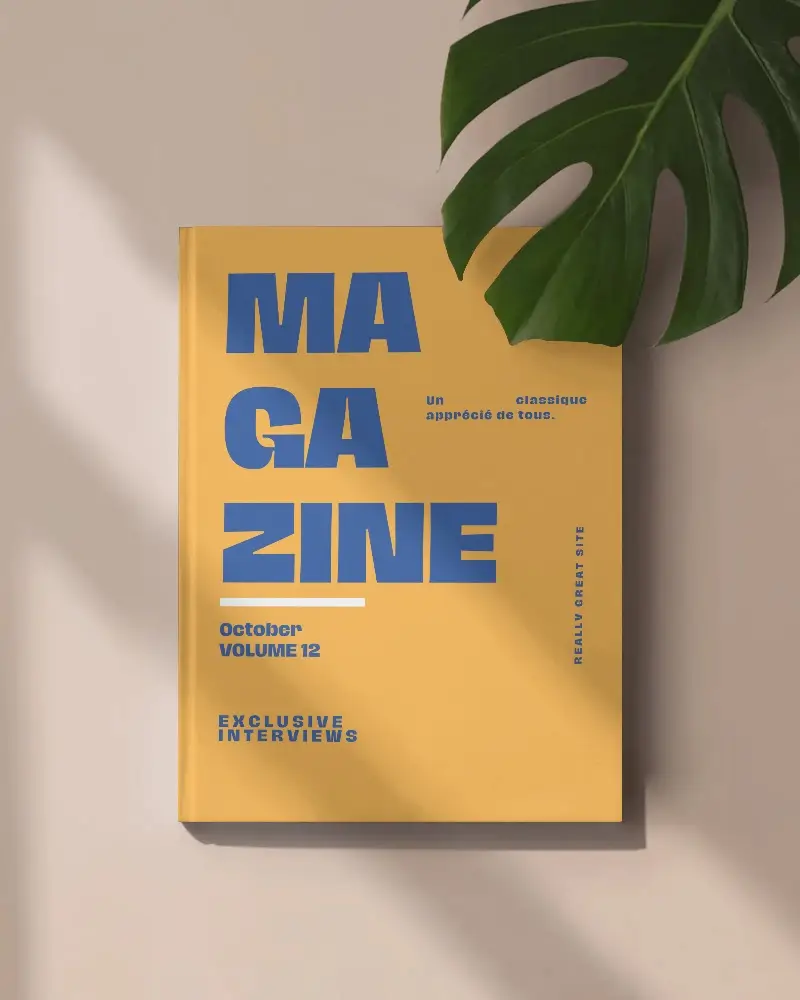 Minimalist Hardcover Magazine Mockup With Natural Light And Leaf Shadow Effect
