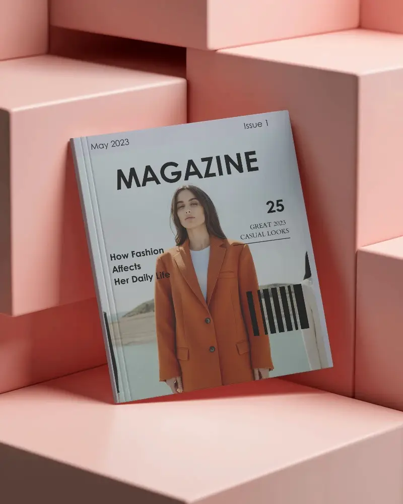 Hardcover Square Magazine Mockup Leaning Against Geometric Pink Blocks For Design Presentation