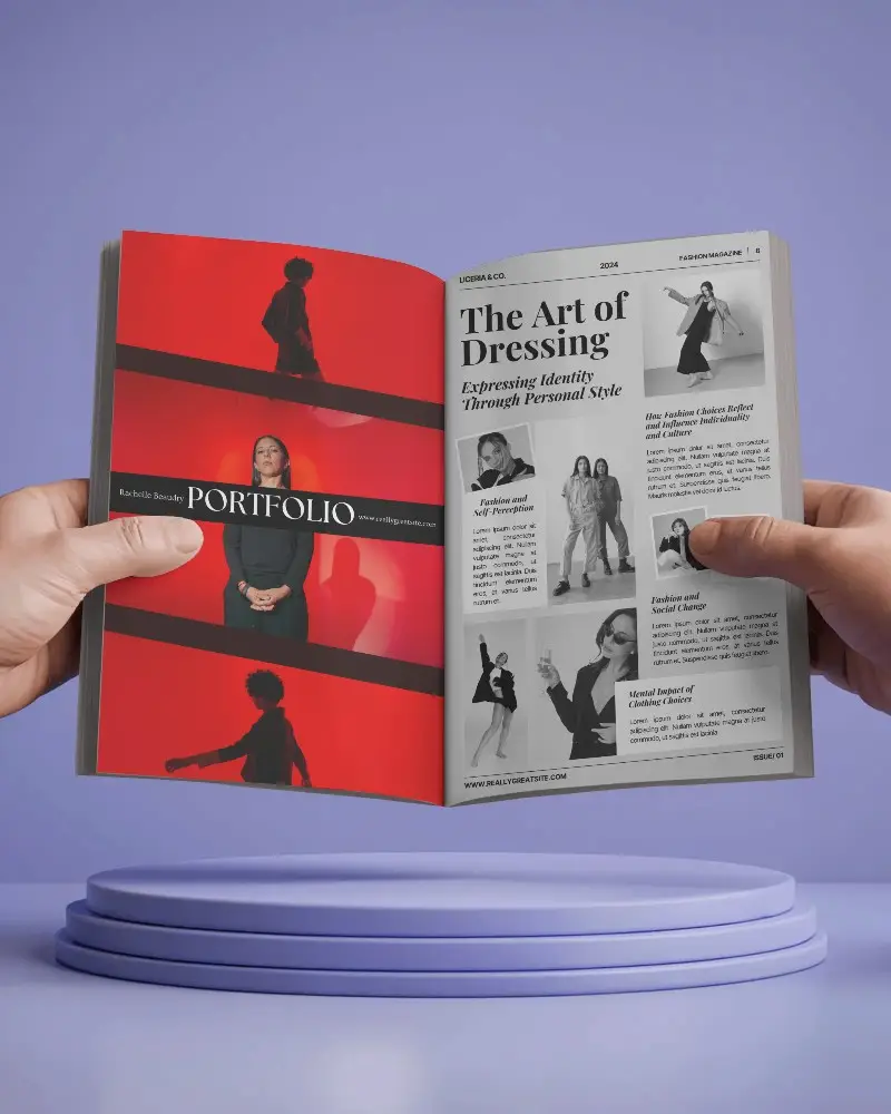 Hands Holding Open Magazine Mockup On Modern Round Display Platform For Design