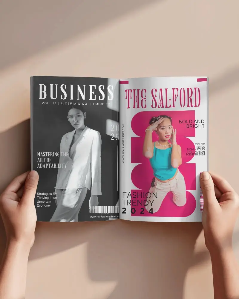 Realistic Magazine Mockup Two Hands Holding Centerfold Open Pages Studio Background