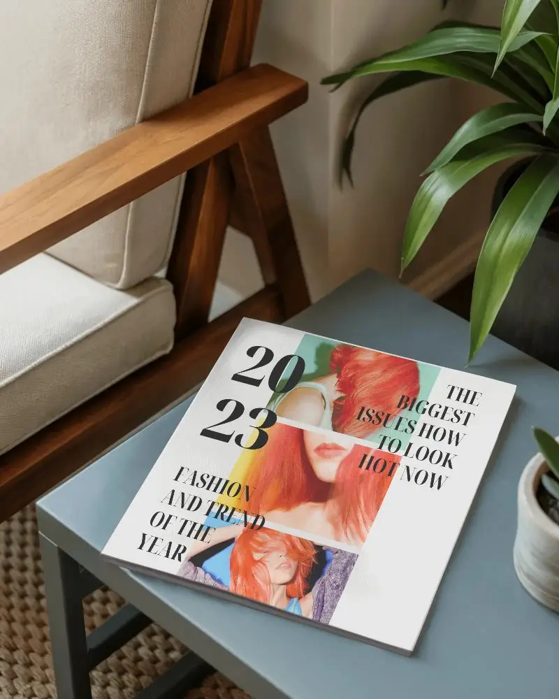 Magazine Mockup On Modern Side Table With Indoor Plants And Wooden Armchair Setting