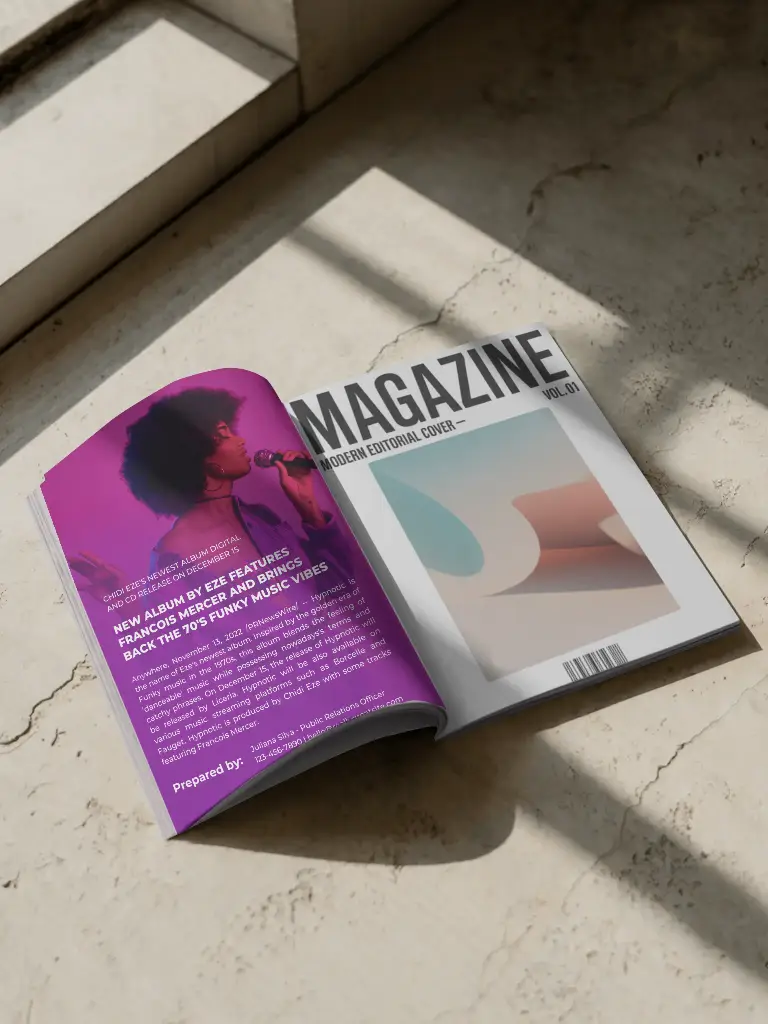 Open Minimalist Magazine Mockup On Textured Concrete Surface With Natural Light Shadows