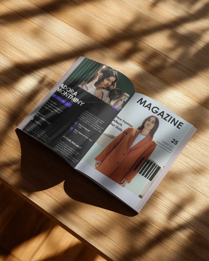 Open Magazine Mockup On Wooden Table With Natural Light Shadow Effects