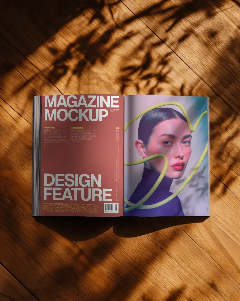 Open Magazine Mockup Showing Blank Pages On Sunlit Wood Floor Background