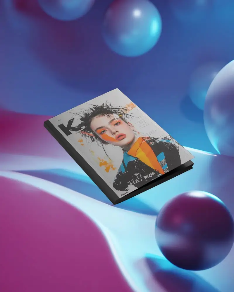 Hardcover Magazine Mockup Floating Above Abstract Smooth Background With Floating Spheres