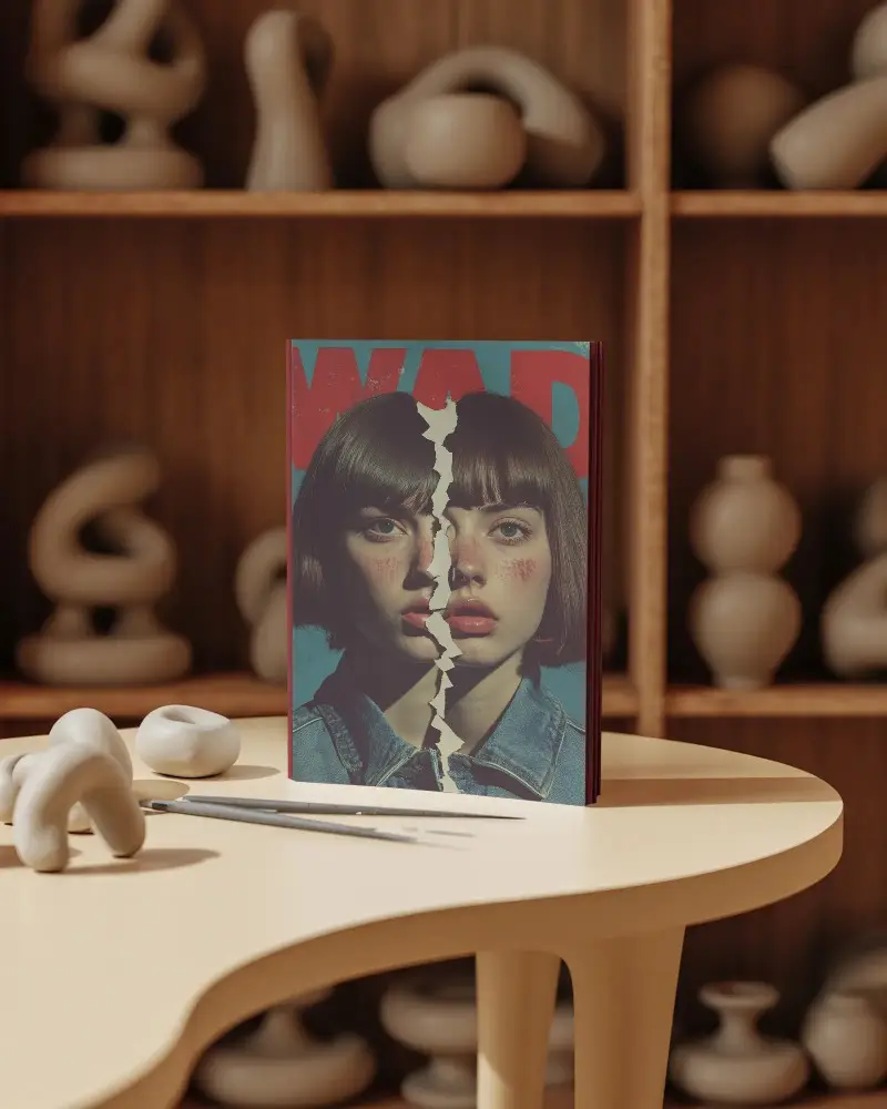 Magazine Mockup On Creative Table With Unique Abstract Decor Background Scene