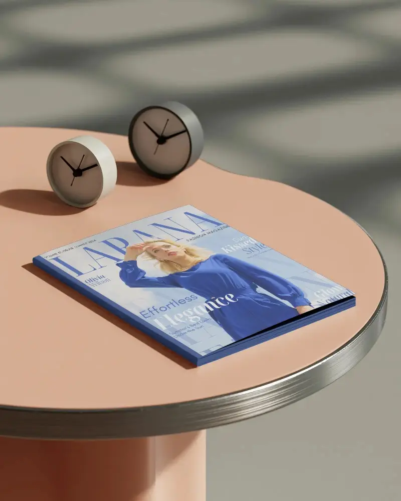 Minimalist Hardcover Magazine Mockup Placed On Round Table With Two Clocks