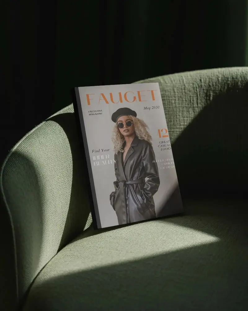 Modern Minimalist Magazine Mockup On Textured Curved Sofa In Stylish Light Shadow