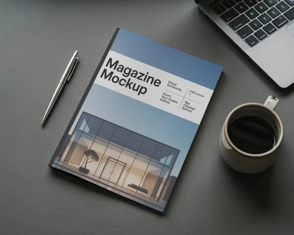 Professional Magazine Mockup On Workspace With Pen Coffee Cup And Laptop For Presentation