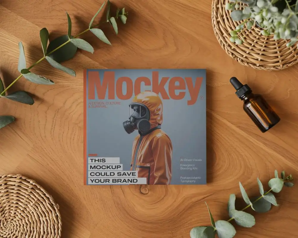Square Magazine Mockup On Natural Wood Background With Greenery And Dropper Bottle