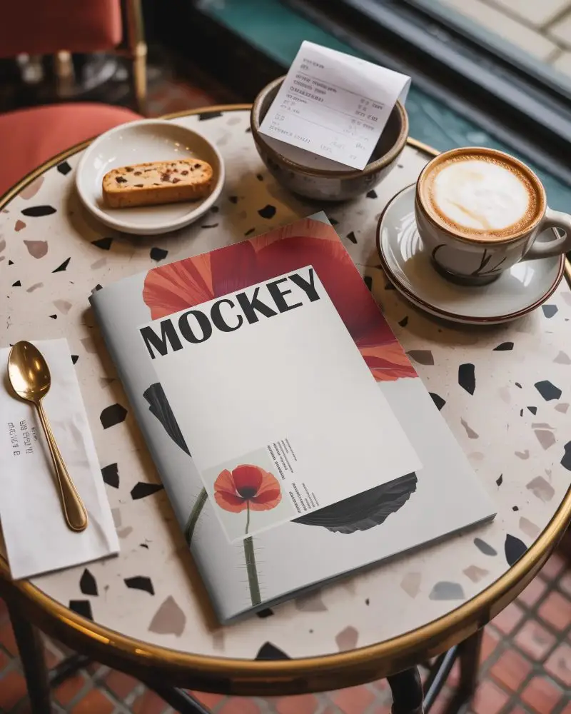 Clean Magazine Mockup Fabricated For Cafe Environment Showcasing Print Layout Design