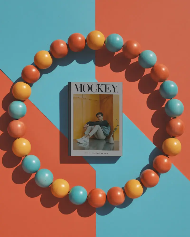 Minimalistic Hardcover Magazine Mockup With Geometric Background And Circular Beaded Frame