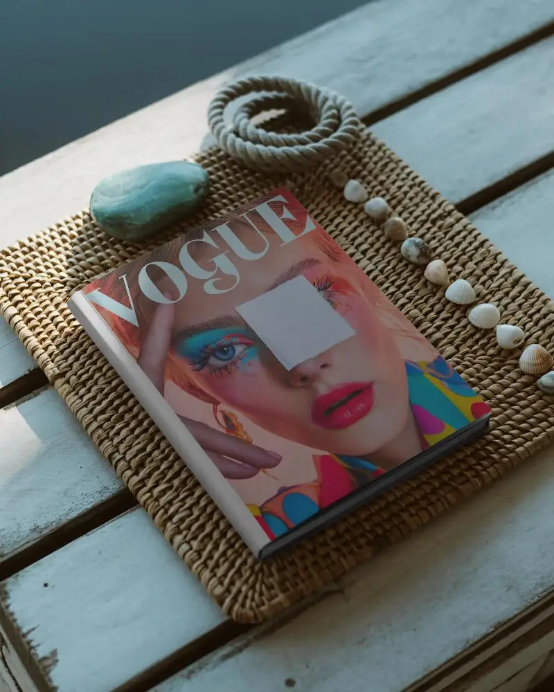 Elegant Magazine Mockup Display On Rustic Wooden Surface With Seashells And Rope Accents