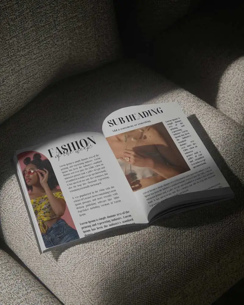 Open Magazine Mockup Displayed On Comfortable Upholstered Seat For Branding