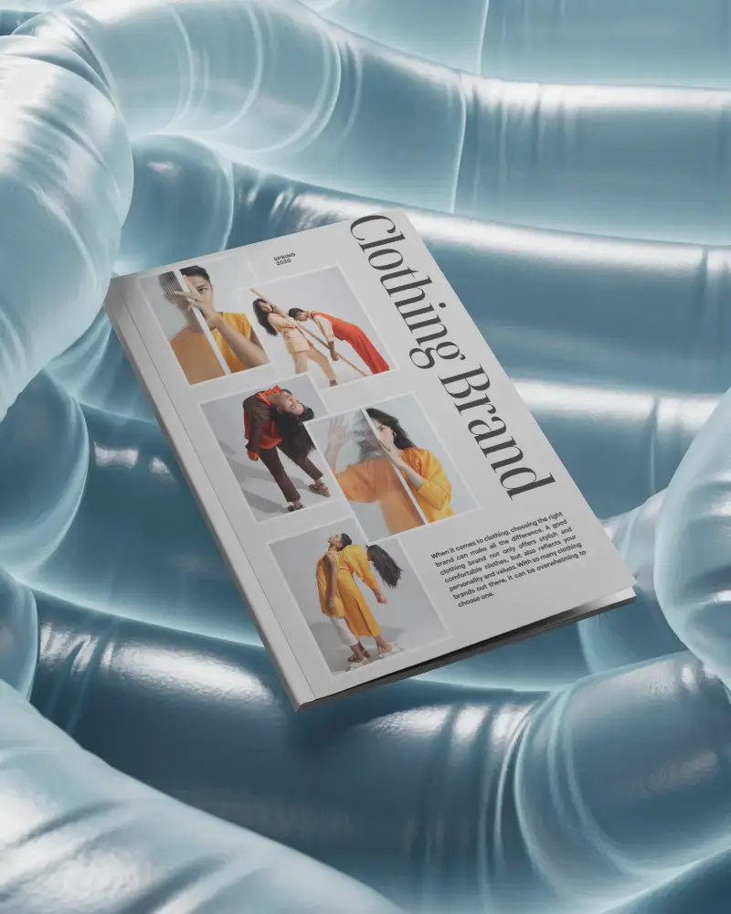 Futuristic Fluid Background Magazine Mockup With Blank Cover Floating In Soft Blue Organic Textures