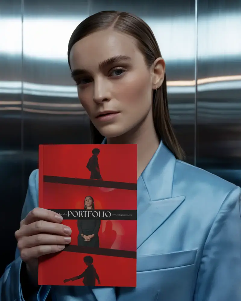 Fashion Model Holding Blank Magazine Mockup In Metallic Elevator Modern Editorial Style