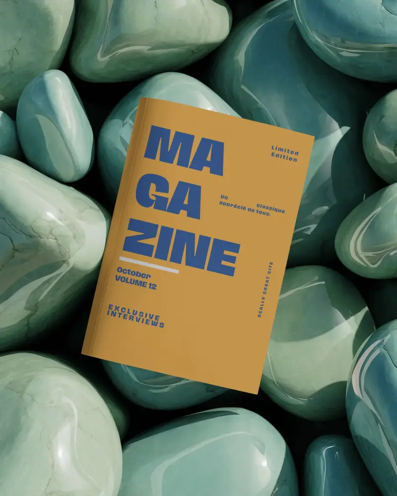 A4 Magazine Mockup Over Polished Green Stones Natural Premium Background