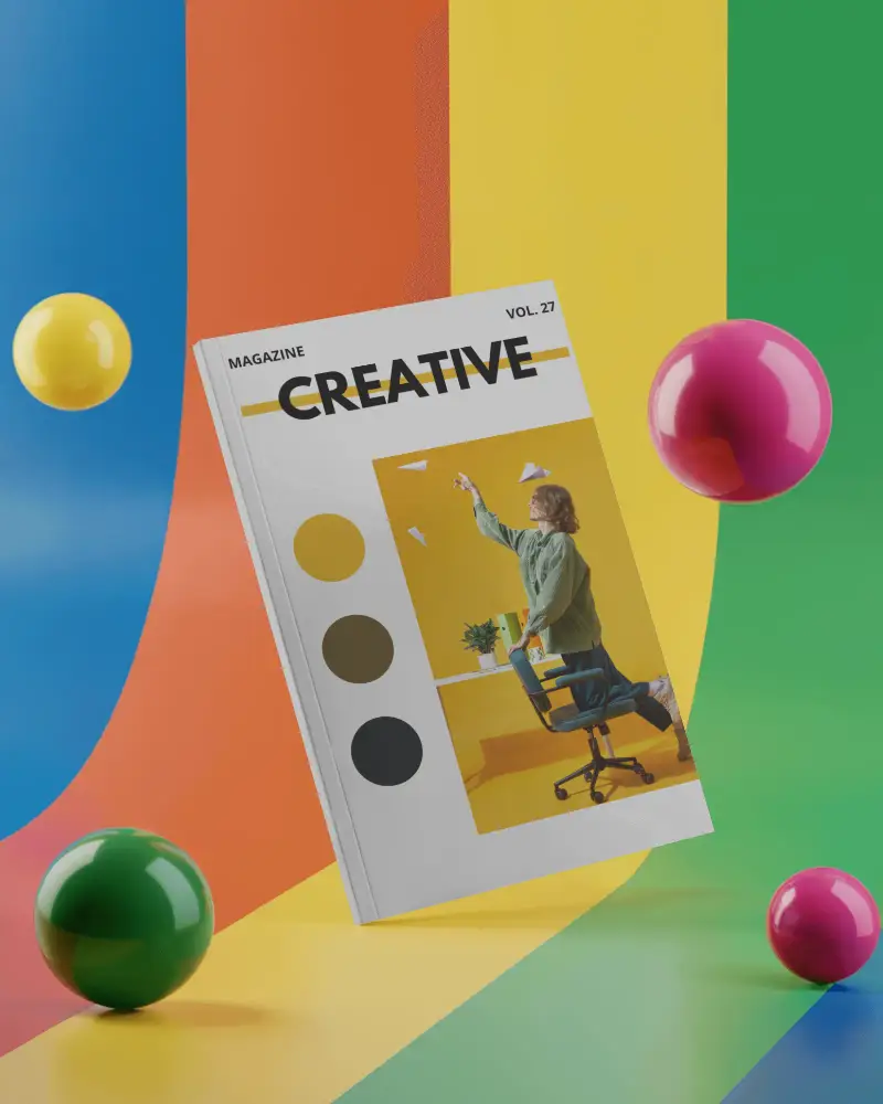 Colorful Abstract Magazine Mockup With Floating Spheres And Blank Cover For Modern Editorial Design