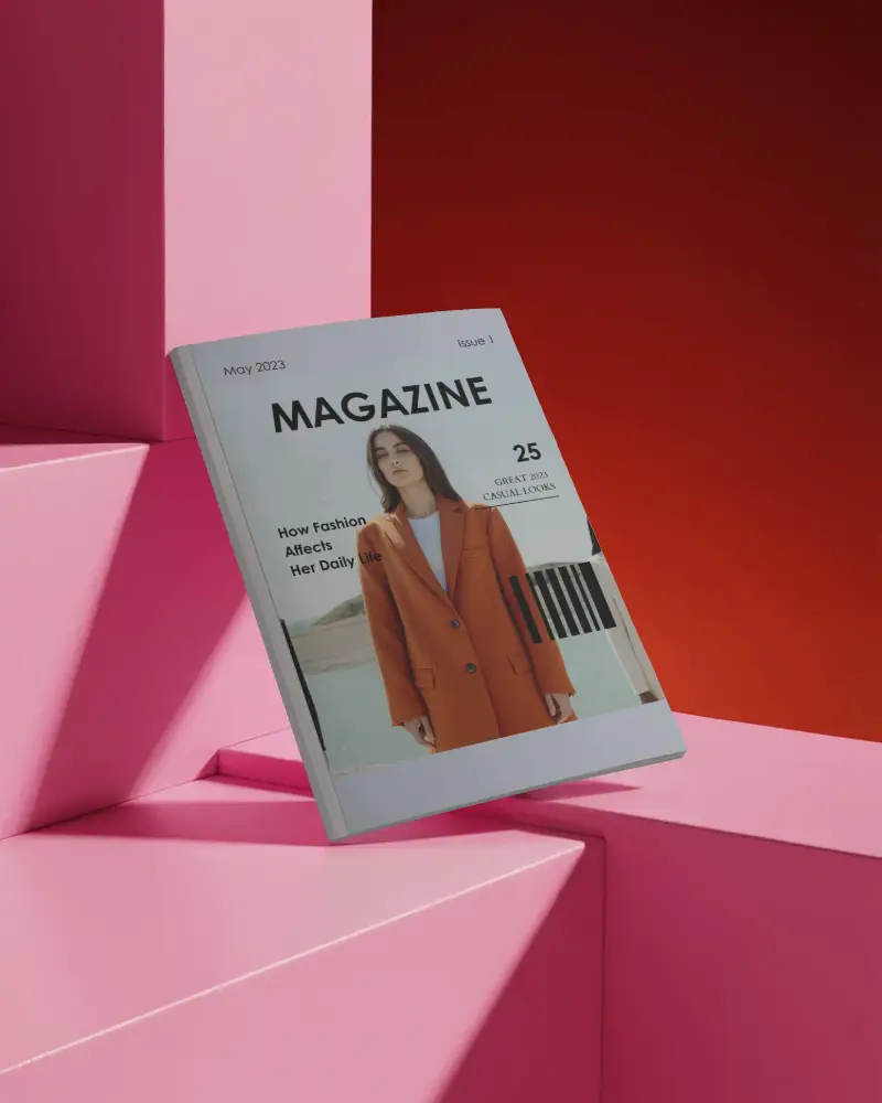 Minimal Pink Studio Magazine Mockup Angled On Geometric Steps With Soft Shadows Clean Layout